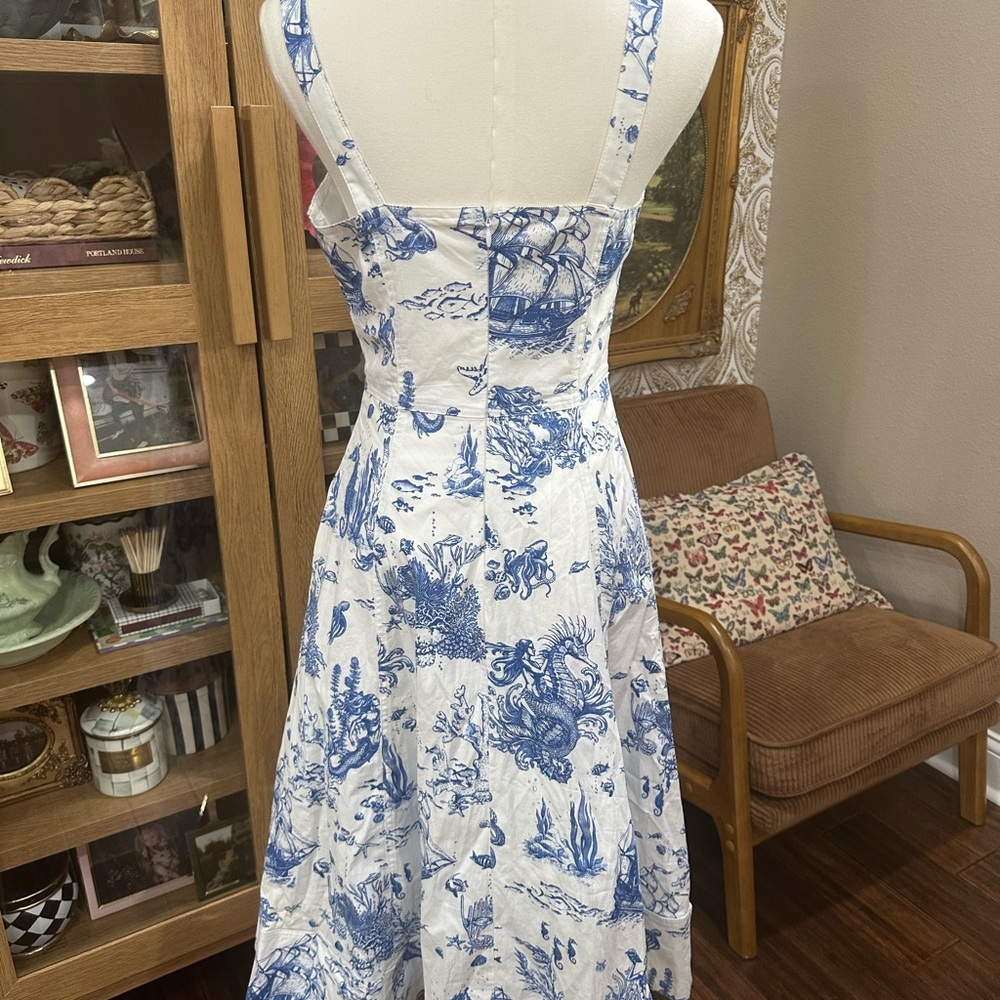 Avec Les Filles Blue Toile Coastal Print Fit & Flare Dress Size 6 Cottagecore - Picture 5 of 8